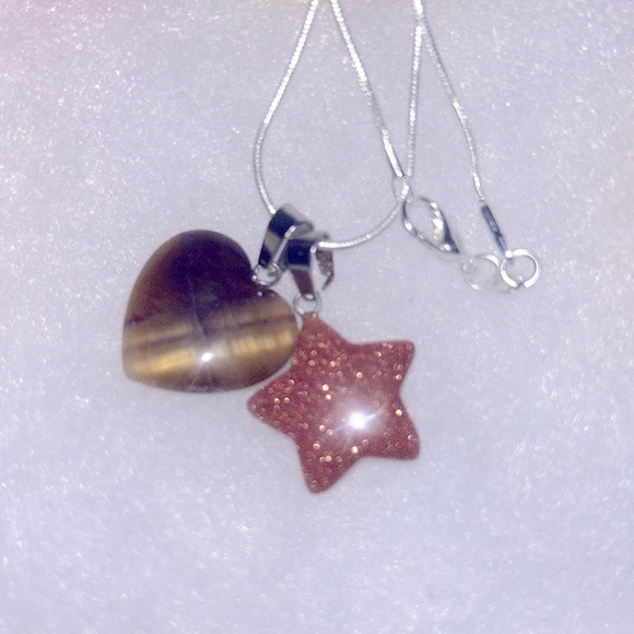 Tigers Eye heart ❤️ and Goldstone Star sterling silver necklace - Picture 6 of 6